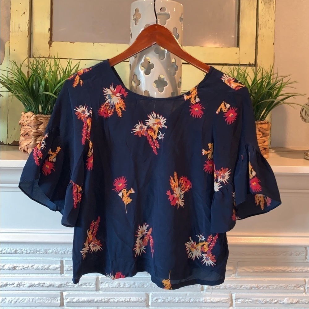 Madewell Navy 100% Silk Ruffle Sleeve Cactus Flower Print Blouse Size XS - Picture 3 of 7